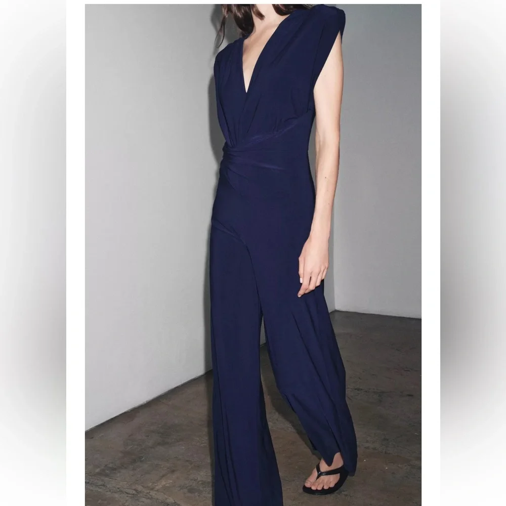 Zara NWT navy blue draped ruched v neck shoulder padded stretchy jumpsuit